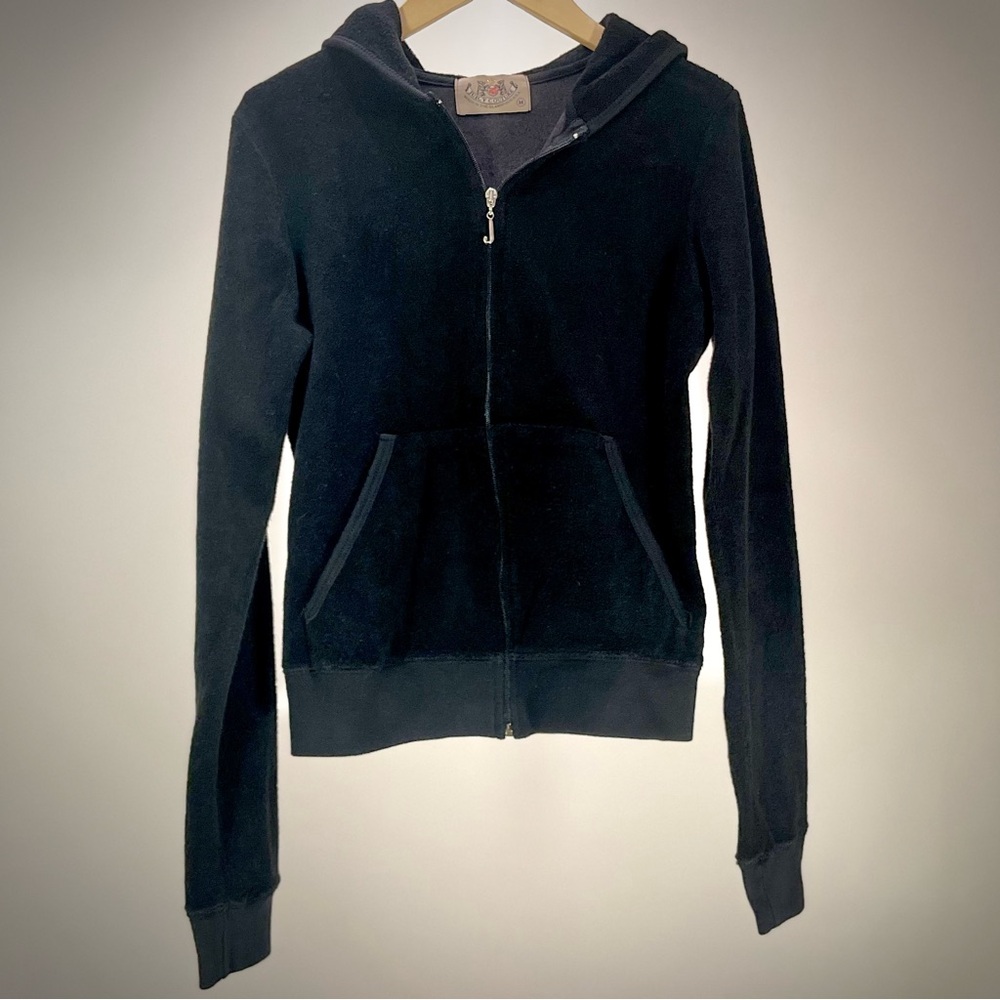 Juicy Couture Black Velour Zip Hoodie Made USA Cropped Fitted Y2K